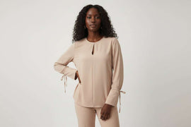Crew Neck Cuff Deatil Crepe Blouse pink Nawao.com