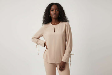 Crew Neck Cuff Deatil Crepe Blouse pink Nawao.com