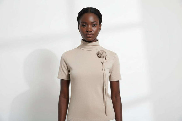 Crosaage Detailed High Neck Jersey Top Beige Nawao.com
