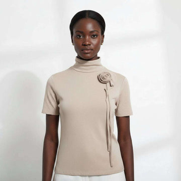 Crosaage Detailed High Neck Jersey Top Beige Nawao.com