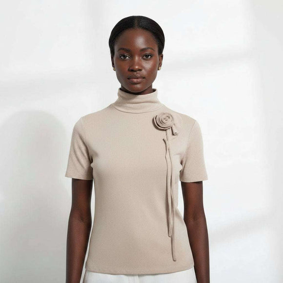 Crosaage Detailed High Neck Jersey Top Beige Nawao.com