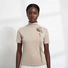 Crosaage Detailed High Neck Jersey Top Beige Nawao.com