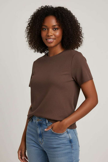 Dark Brown Basic Rib Tshirt Nawao.com