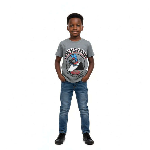 Dark Grey Awesome Print Short Sleeve T Shirt Dark Grey Nawao.com