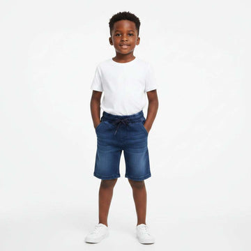 Dark Wash Knitted Denim Paneled Pullon Shorts Darkwash Nawao.com