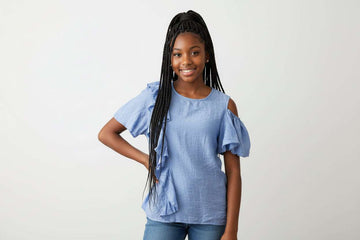 Denim Blue Ruffled Front Blouse Pale Blue Nawao.com