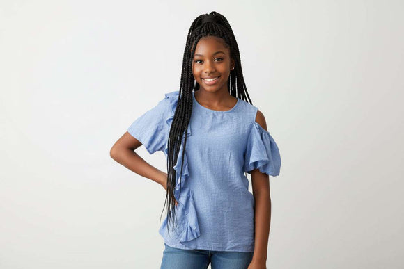 Denim Blue Ruffled Front Blouse Pale Blue Nawao.com