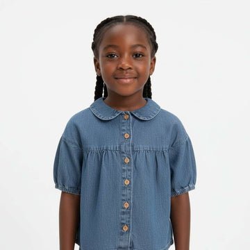 Denim Front Button Blouse Blue Nawao.com