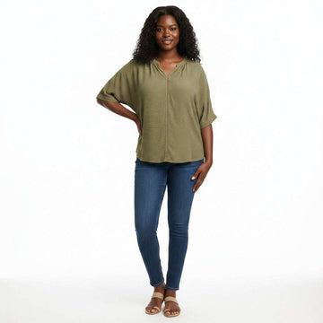 Drop Shoulder Rol Up Sleeve Blouse Green Nawao.com