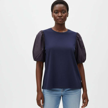 Embellished Sleeve Detsiled Jersey Top Navy Blue Nawao.com