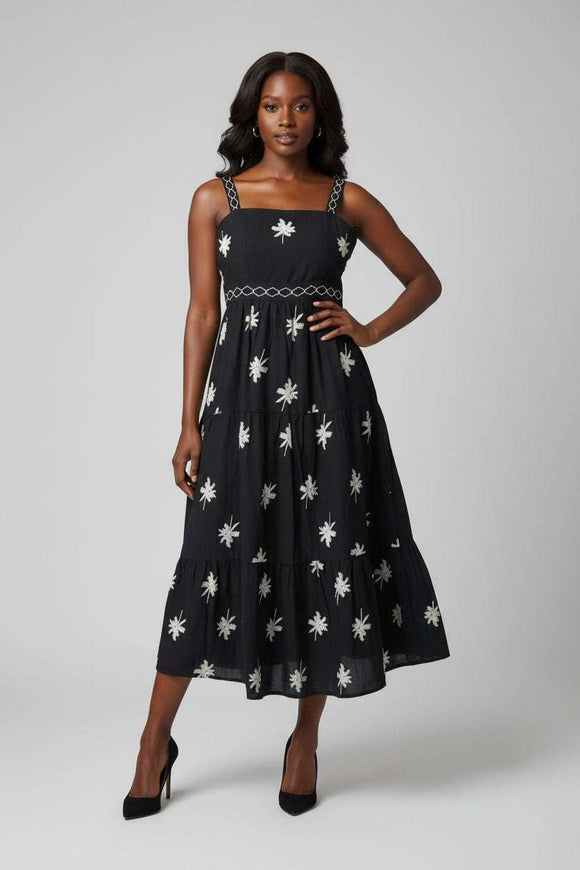 Embroidered Palm Pint Strap Dress Assorted Nawao.com
