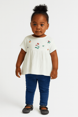 Embroidered Short Slv Knit Woven Top Nawao.com