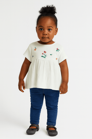 Embroidered Short Slv Knit Woven Top Nawao.com