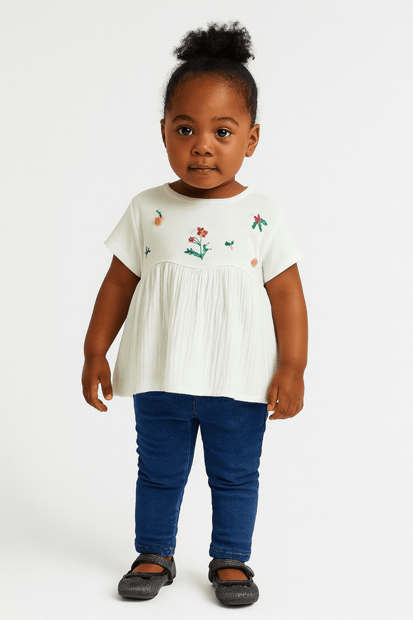 Embroidered Short Slv Knit Woven Top Nawao.com