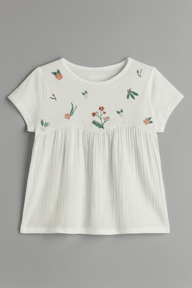 Embroidered Short Slv Knit Woven Top Nawao.com