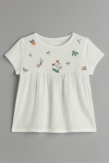 Embroidered Short Slv Knit Woven Top Nawao.com