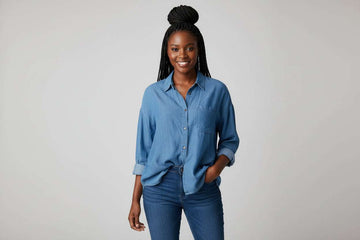 Extended Shoulder Pocket Detailed Button Down Tencel Shirt Light Wash Nawao.com