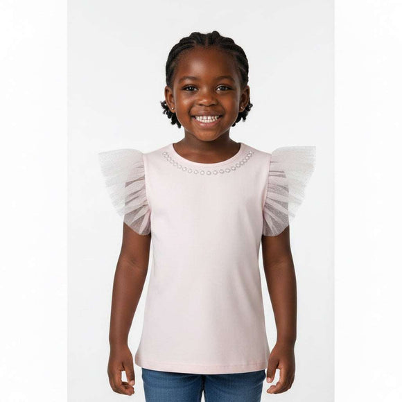 Flutter Sleeve Embellished Tee Pale Pink Nawao.com