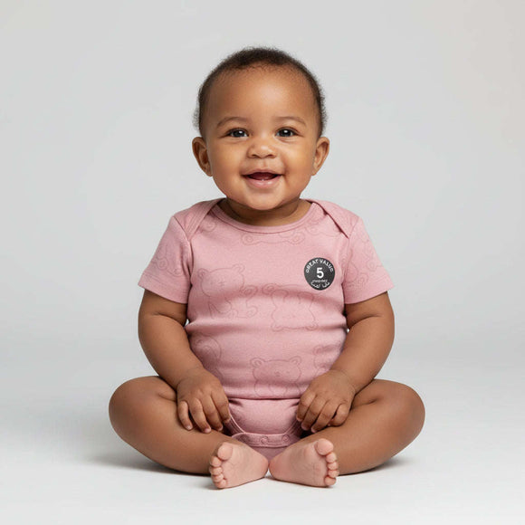 Girl Pink 5 Pack Short Sleeve Interlock Fabric Bodysuits Ecru Nawao.com