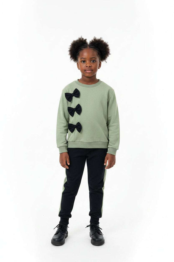 Green Bow Detailed Sweatshirt   Aop Track Pants Active Jogsuits Green Nawao.com
