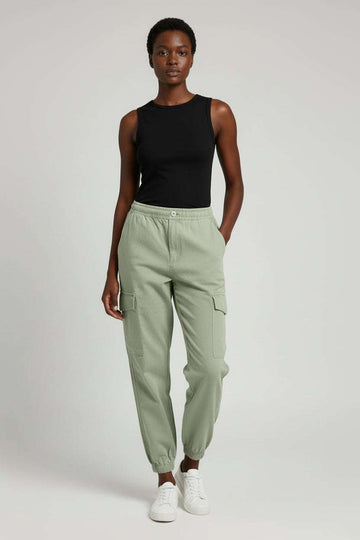 Green Button Front Elasticated Waist Jogger Nawao.com