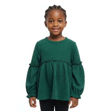 Green Crew Neck Jacquard Blouse With Frill Details Nawao.com