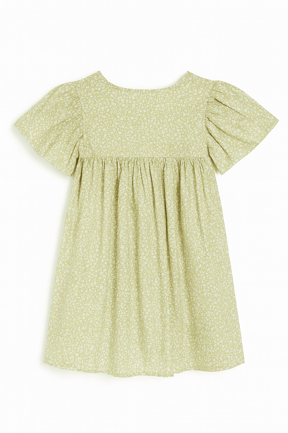 Green Floral Aop Frill Sleeve Woven Dress Green Nawao.com