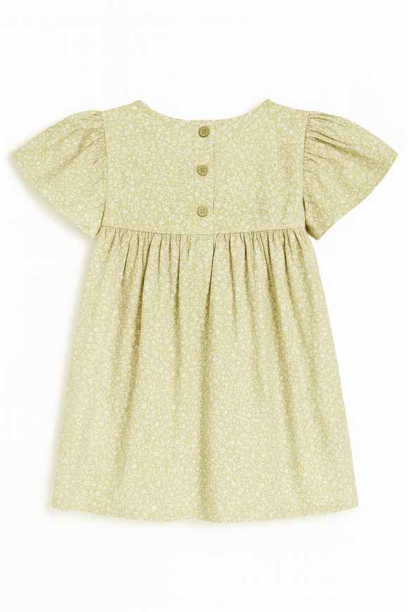 Green Floral Aop Frill Sleeve Woven Dress Green Nawao.com