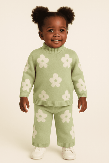 Green Floral Aop Knit 2 Pcs Knit Set Green Nawao.com