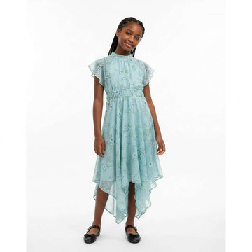 Green Floral Chiffon Handkerchief Hem Dress Assorted Nawao.com