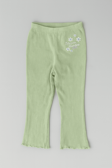 Green Heart Embroidery Rib Rib Leggings Green Nawao.com