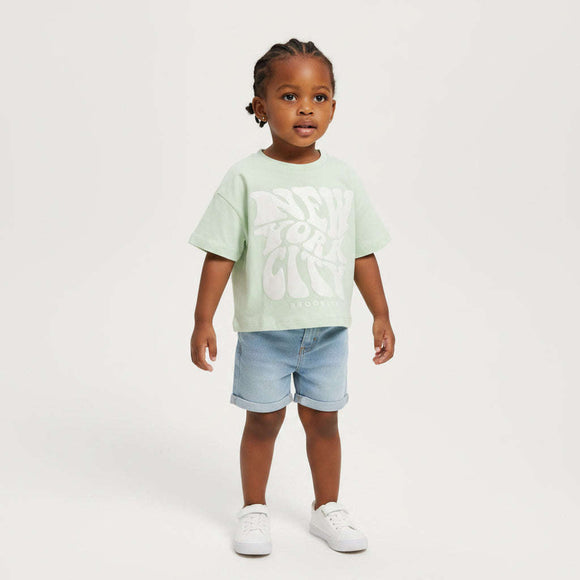 Green New York Placement Print Boxy T  Shirt Green Nawao.com