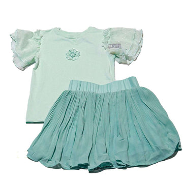 Green Pleated Skirt With Tshirt Set Nawao.com