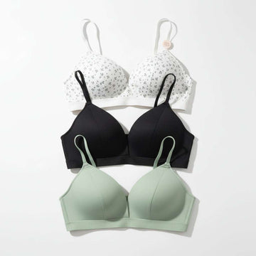 Green Print Green Black 3 Pack Non Wired Bras Assorted Nawao.com