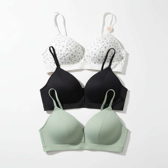Green Print Green Black 3 Pack Non Wired Bras Assorted Nawao.com