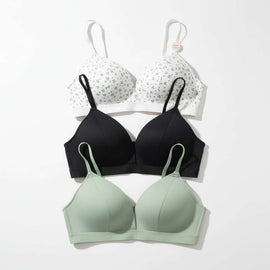 Green Print Green Black 3 Pack Non Wired Bras Assorted Nawao.com