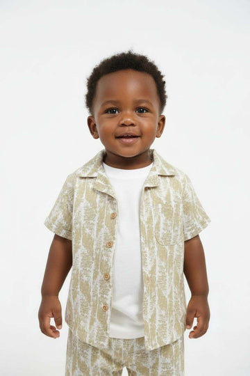 Green Print Shirt And White Tee 2 In 1 Short Sleeve  Green Nawao.com