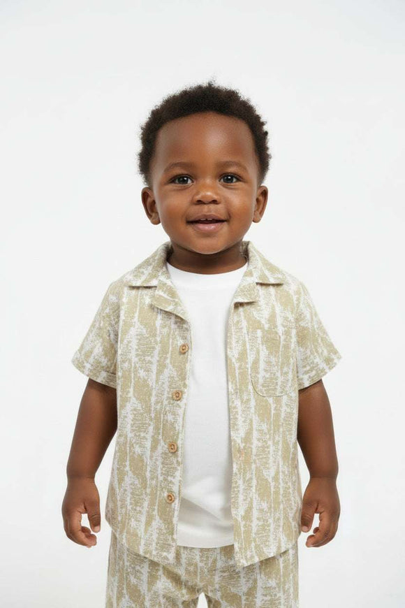 Green Print Shirt And White Tee 2 In 1 Short Sleeve  Green Nawao.com