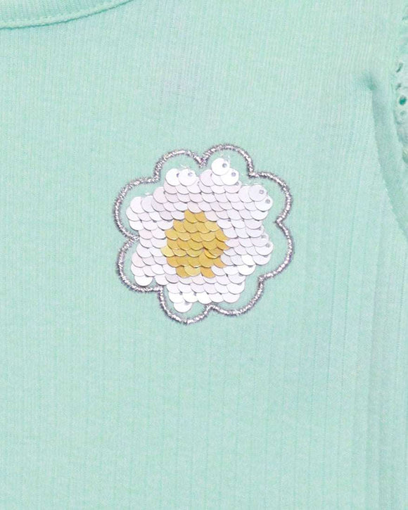Green Printed Schifly Frill Sleeves T Shirts Nawao.com