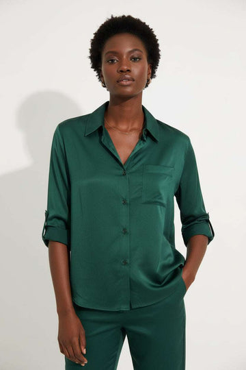 Green Roll Up Sleeve Front Pocket Detail Collar Shirt Dark Green Nawao.com