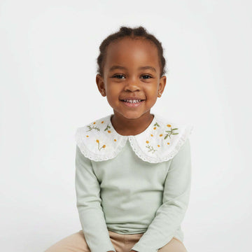 Green With White Embroidered Peterpan Collar Jersey Tops Dark Green Nawao.com