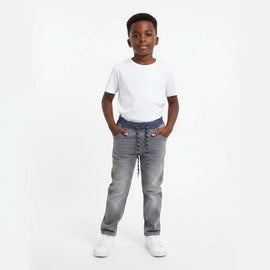 Grey Contrast Rib Waist Band Pullon Jeans Mid Grey Nawao.com