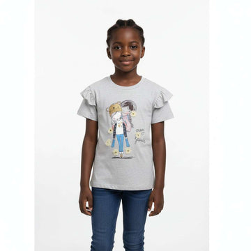 Grey Melange  Frill Sleeve    3D Embellishment T Shirt Mid Grey Nawao.com