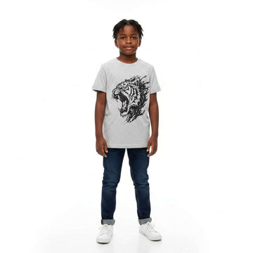 Grey Melange Tiger Roaring Face S S Graphic Tee Mid Grey Nawao.com