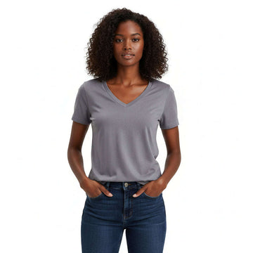Grey Short Sleeve V Neck T Shirt Nawao.com