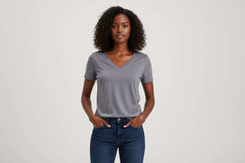Grey Short Sleeve V Neck T Shirt Nawao.com