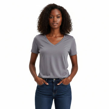 Grey Short Sleeve V Neck T Shirt Nawao.com