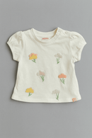 Ivory 3D Floral Placement Puff Sleeve Ivory Nawao.com