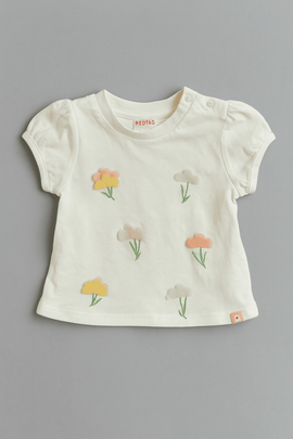 Ivory 3D Floral Placement Puff Sleeve Ivory Nawao.com