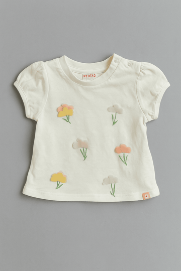 Ivory 3D Floral Placement Puff Sleeve Ivory Nawao.com